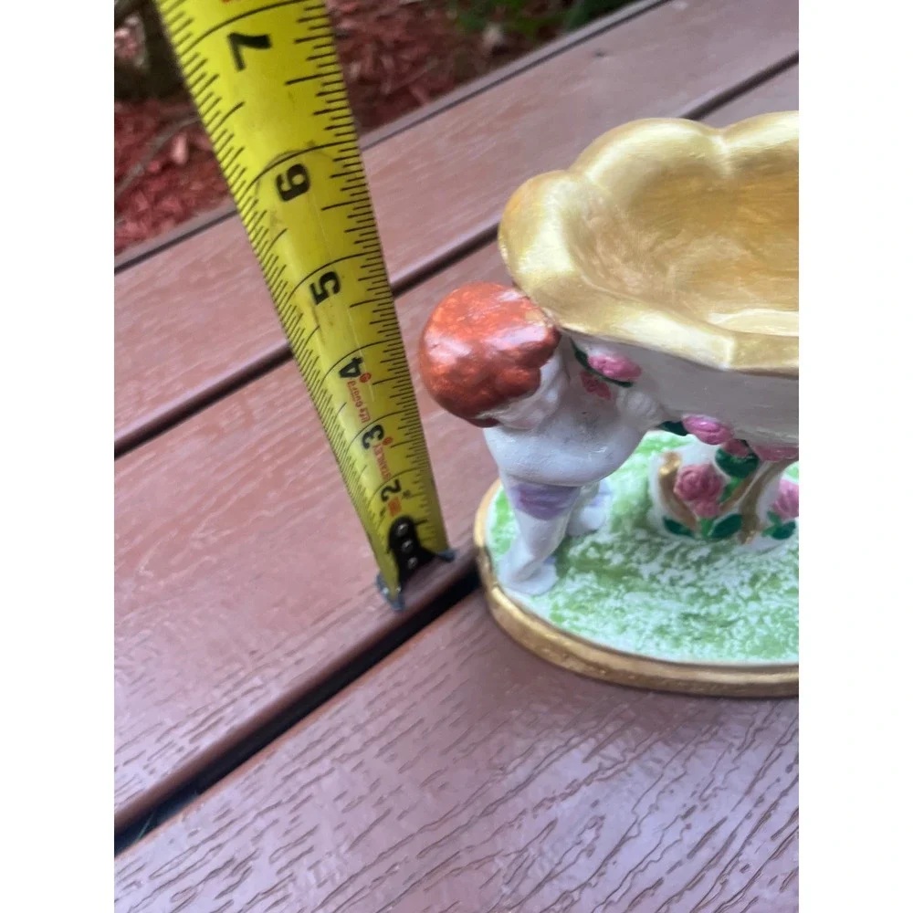 Vintage Style Hand Painted Ceramic Cherub Compote Trinket Bowl Gold Pink Roses